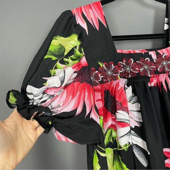 Handmade Muumuu Dress Sunflower Design Midi Black Pattern Red White Flowers Cute - Picture 5 of 11